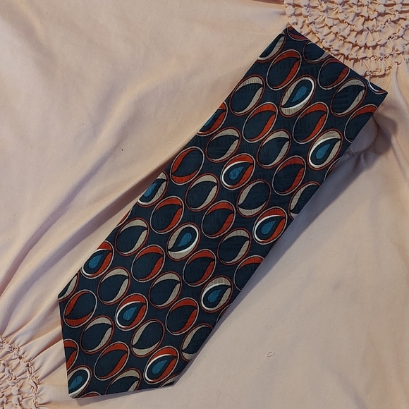 Tom James Vintage Retro Geometric Patterned Tie in Blue and Orange 4" - Picture 1 of 3